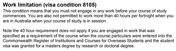 Student visa 8105 working limitation condition 1